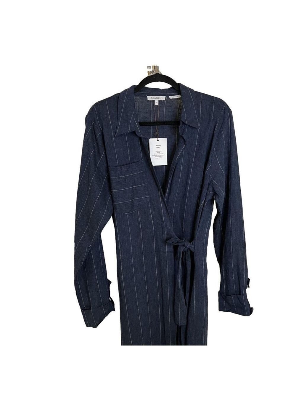 NWT Linen Blend Wrap Maxi Dress Conbipel Navy Pinstripe Italian L/XL - Picture 3 of 15